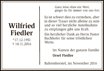 Traueranzeige von Wilfried Fiedler von SYK