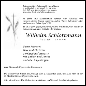 Traueranzeige von Wilhelm Schlottmann von SYK