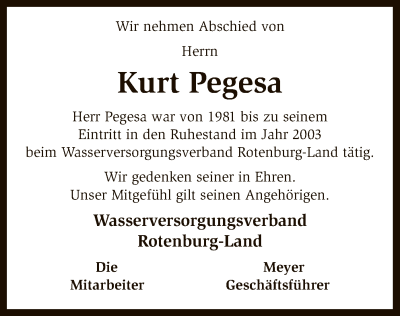  Traueranzeige für Kurt Pegesa vom 28.12.2016 aus SYK