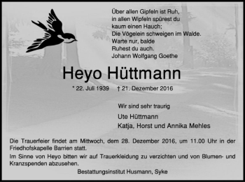 Traueranzeige von Heyo Hüttmann von SYK