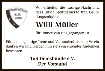 Traueranzeige von Willi Müller von SYK