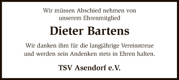 Traueranzeige von Dieter Bartens von SYK