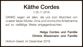 Traueranzeige von Käthe Cordes von SYK