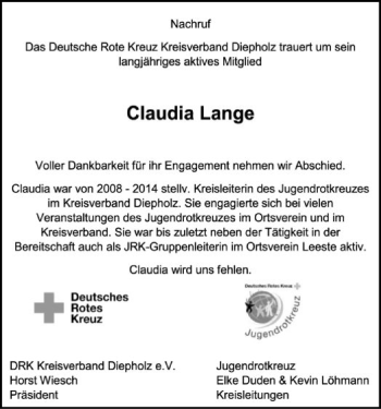 Traueranzeige von Claudia Lange von SYK