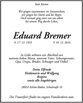 Traueranzeige von Eduard Bremer von SYK