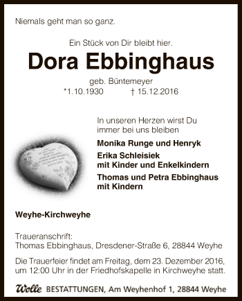 Traueranzeige von Dora Ebbinghaus von SYK