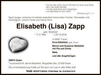 Traueranzeige von Elisabeth  Zapp von SYK