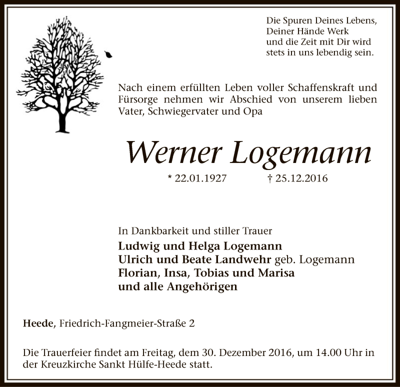  Traueranzeige für Werner Logemann vom 28.12.2016 aus SYK