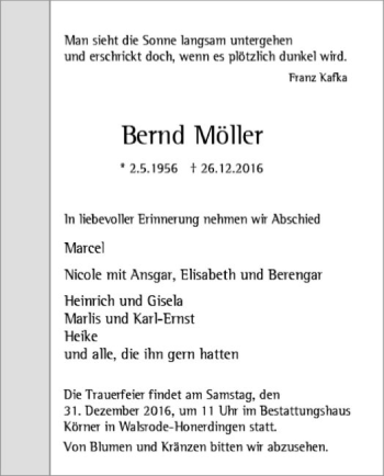 Traueranzeige von Bernd Möller von SYK