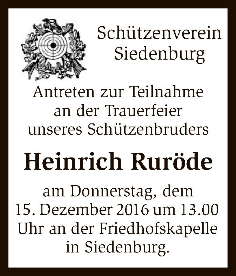  Traueranzeige für Heinrich Ruröde vom 13.12.2016 aus SYK