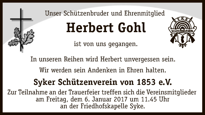  Traueranzeige für Herbert Gohl vom 31.12.2016 aus SYK