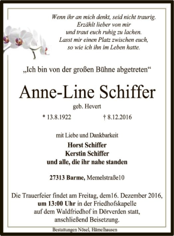 Traueranzeige von Anne-Line Schiffer von SYK