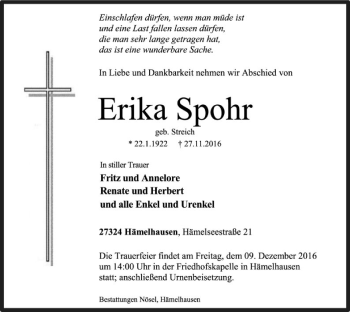 Traueranzeige von Erika Spohr von SYK