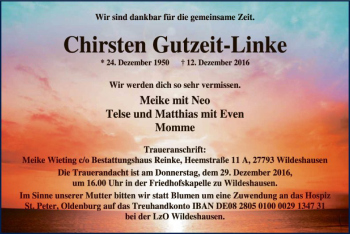 Traueranzeige von Chirsten Gutzeit-Linke von SYK