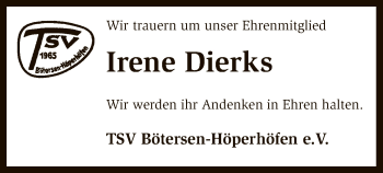 Traueranzeige von Irene Dierks von SYK