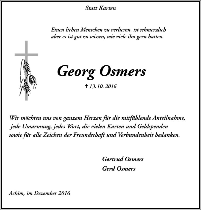  Traueranzeige für Georg Osmers vom 23.12.2016 aus SYK