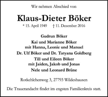Traueranzeige von Klaus-Dieter Böker von SYK