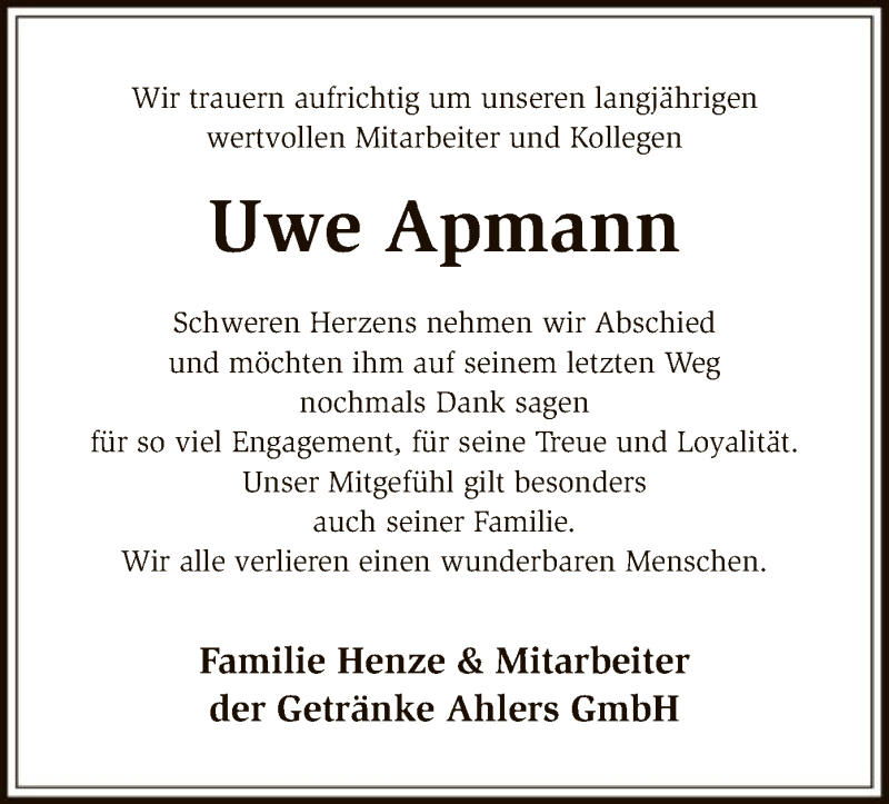  Traueranzeige für Uwe Apmann vom 03.12.2016 aus SYK