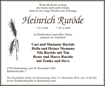 Traueranzeige von Heinrich Ruröde von SYK