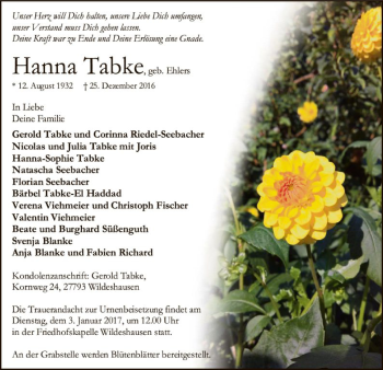 Traueranzeige von Hanna Tabke von SYK