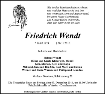 Traueranzeige von Friedrich Wendt von SYK