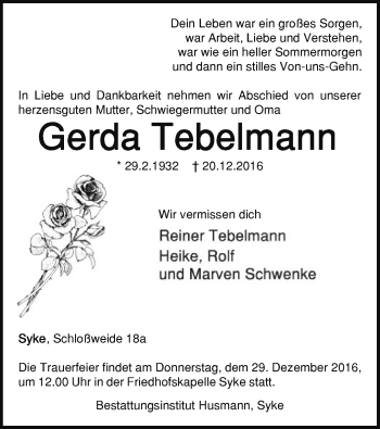 Traueranzeige von Gerda Tebelmann von SYK