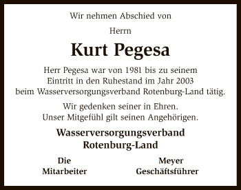 Traueranzeige von Kurt Pegesa von SYK