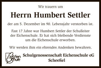 Traueranzeige von Humbert Settler von SYK