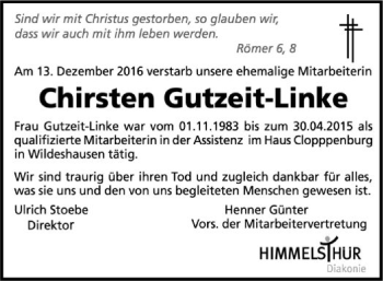 Traueranzeige von Chirsten Gutzeit-Linke von SYK