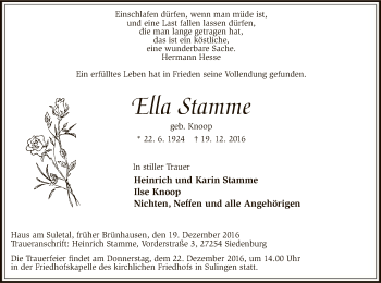 Traueranzeige von Ella Stamme von SYK