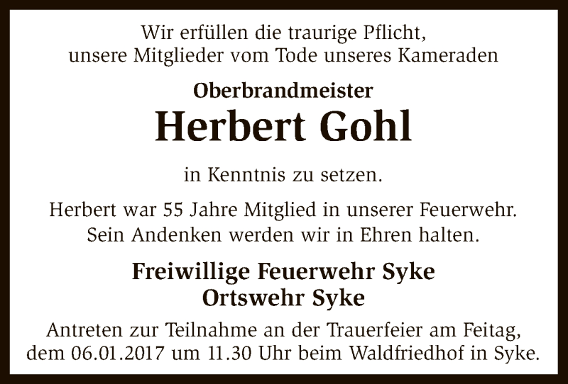  Traueranzeige für Herbert Gohl vom 31.12.2016 aus SYK