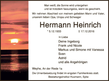 Traueranzeige von Hermann Heinrich von SYK