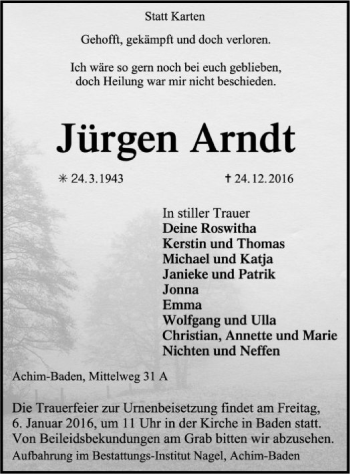 Traueranzeige von Jürgen Arndt von SYK