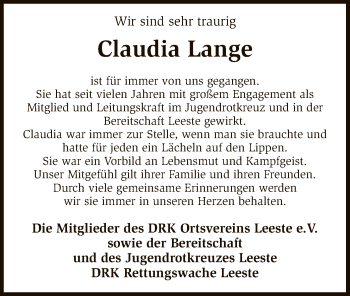 Traueranzeige von Claudia Lange von SYK