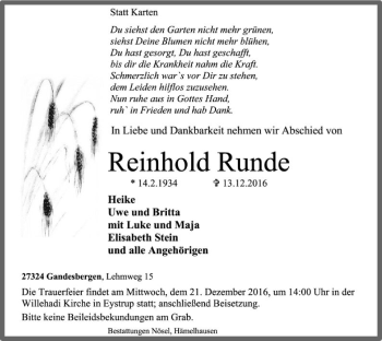 Traueranzeige von Reinhold Runde von SYK