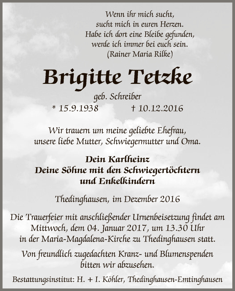  Traueranzeige für Brigitte Tetzke vom 15.12.2016 aus SYK