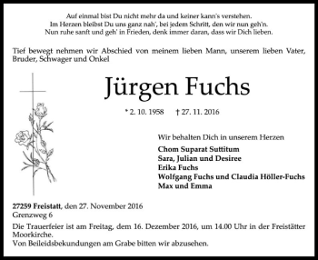 Traueranzeige von Jürgen Fuchs von SYK