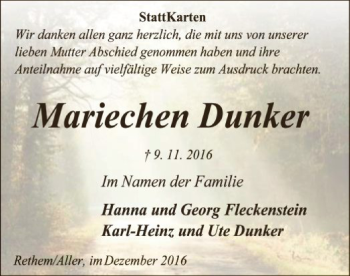 Traueranzeige von Mariechen Dunker von SYK