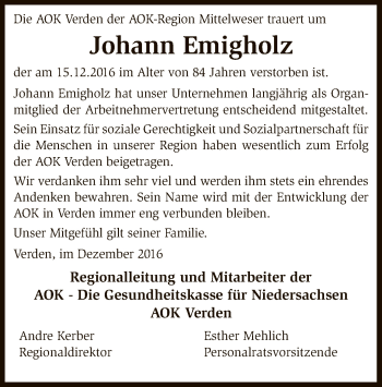 Traueranzeige von Johann Emigholz von SYK