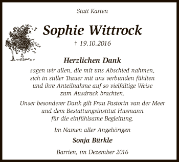 Traueranzeige von Sophie Wittrock von SYK