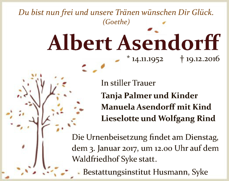  Traueranzeige für Albert Asendorff vom 28.12.2016 aus SYK