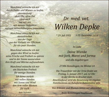 Traueranzeige von Wilken Depke von SYK