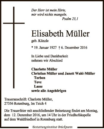 Traueranzeige von Elisabeth Müller von SYK