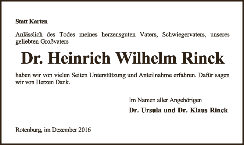  Traueranzeige für Heinrich Wilhelm Rinck vom 03.12.2016 aus SYK
