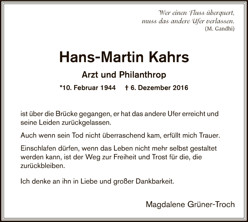  Traueranzeige für Hans-Martin Kahrs vom 10.12.2016 aus SYK