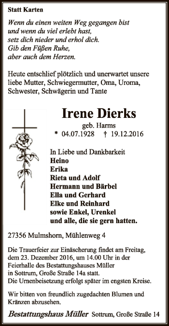 Traueranzeige von Irene Dierks von SYK