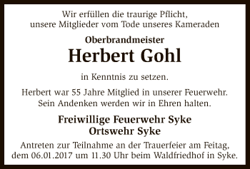 Traueranzeige von Herbert Gohl von SYK