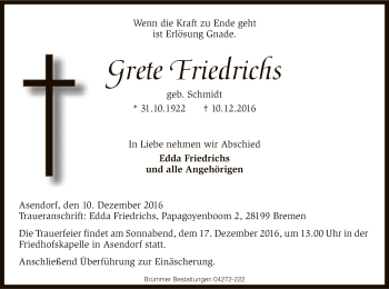 Traueranzeige von Grete Friedrichs von SYK