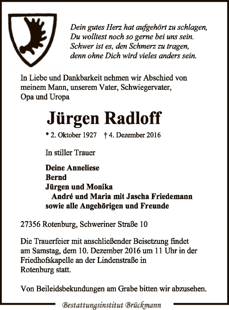  Traueranzeige für Jürgen Radloff vom 07.12.2016 aus SYK