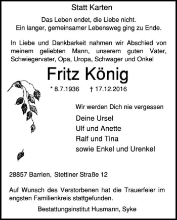 Traueranzeige von Fritz König von SYK